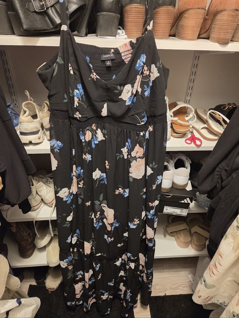 Black Floral Maxi Dress with Pink and Blue Blooms